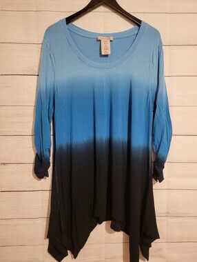 Philosophy Tunic Top Womens 2X Blue Black Ombre Long Sleeve Stretch Casual